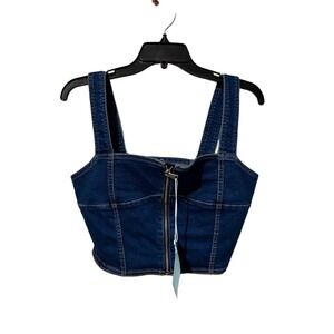 Love Trends Womens Dark Wash Denim Bustier Zip Front Corset Crop Top Medium NEW